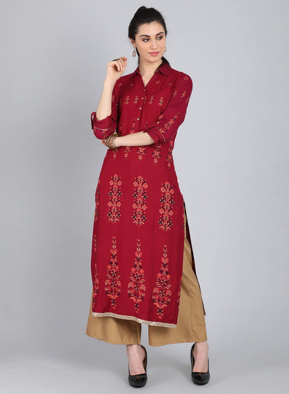 Maroon Printed Collar Neck kurta - wforwoman