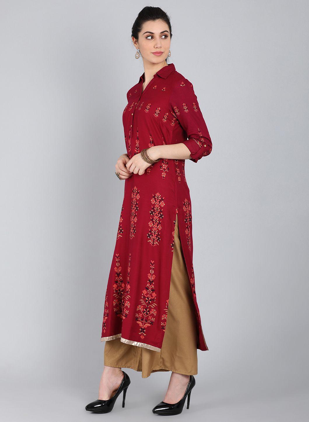 Maroon Printed Collar Neck kurta - wforwoman