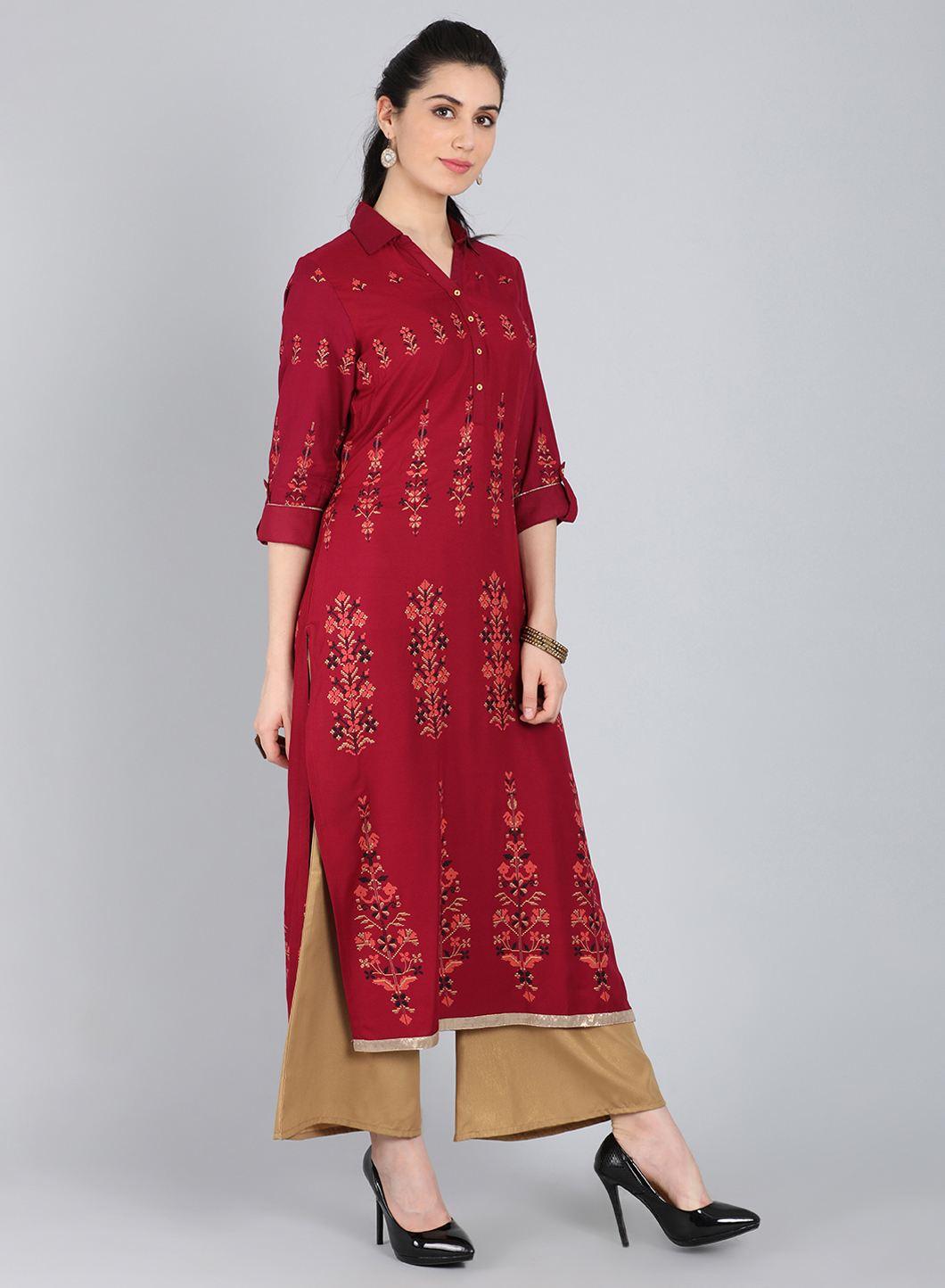 Maroon Printed Collar Neck kurta - wforwoman