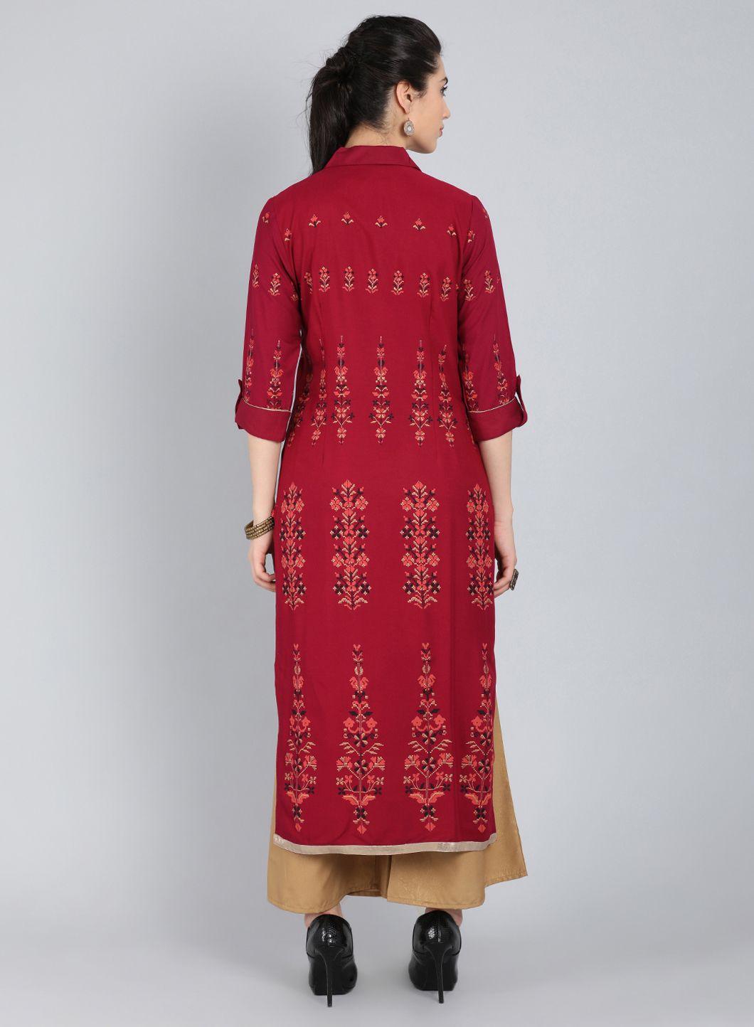 Maroon Printed Collar Neck kurta - wforwoman