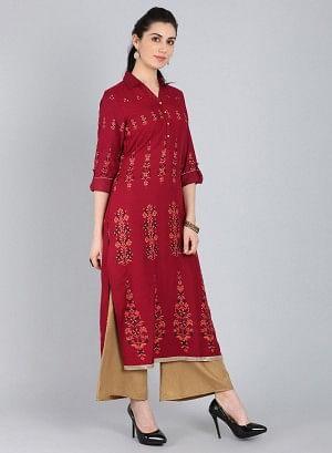 Maroon Printed Collar Neck kurta - wforwoman