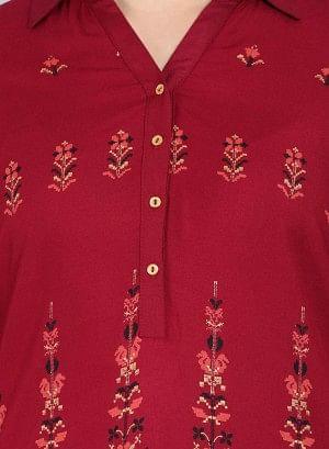 Maroon Printed Collar Neck kurta - wforwoman