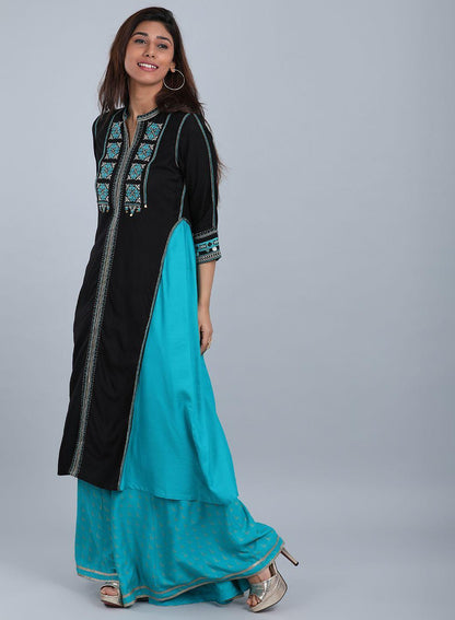 Blue &amp; Black Mandarin Neck kurta - wforwoman