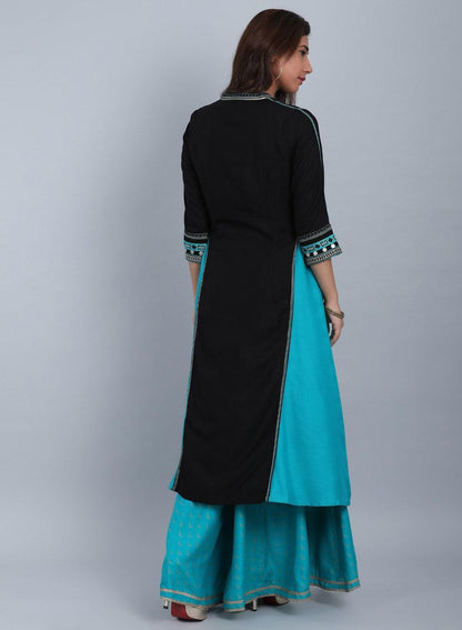 Blue &amp; Black Mandarin Neck kurta - wforwoman