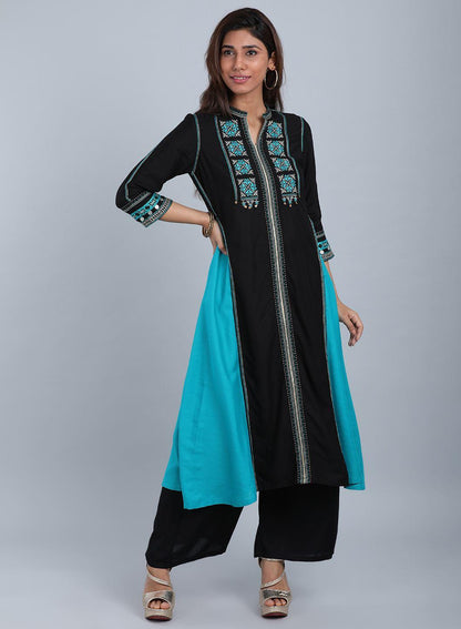 Blue &amp; Black Mandarin Neck kurta - wforwoman