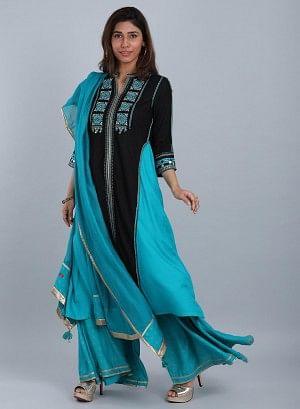 Blue &amp; Black Mandarin Neck kurta - wforwoman