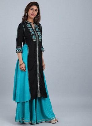 Blue &amp; Black Mandarin Neck kurta - wforwoman