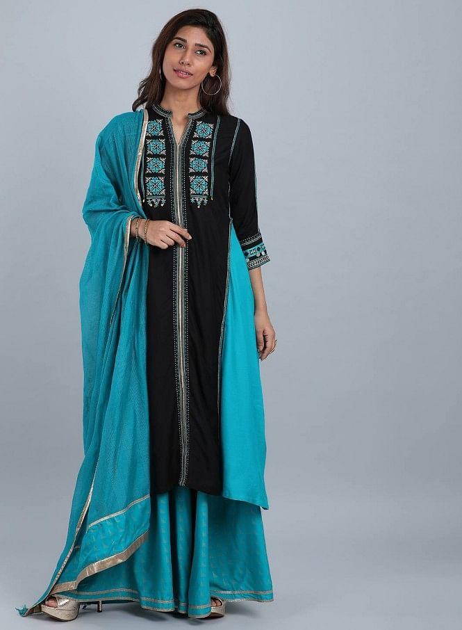 Blue &amp; Black Mandarin Neck kurta - wforwoman