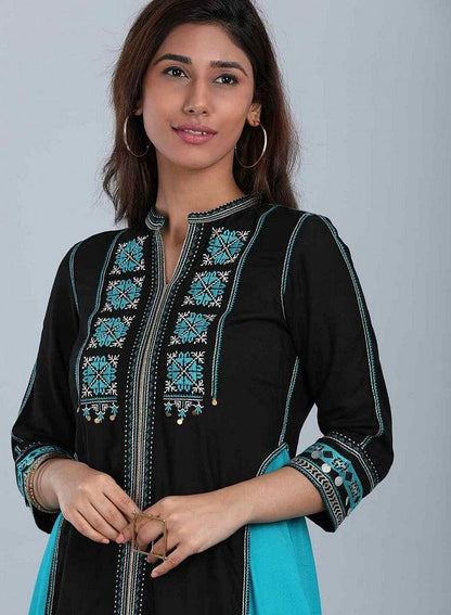 Blue &amp; Black Mandarin Neck kurta - wforwoman