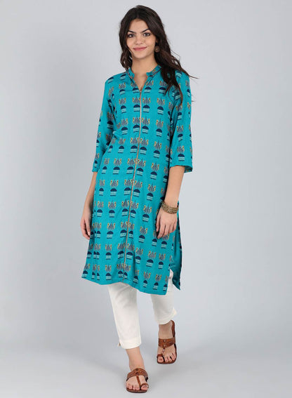 Blue Printed Mandarin Neck kurta