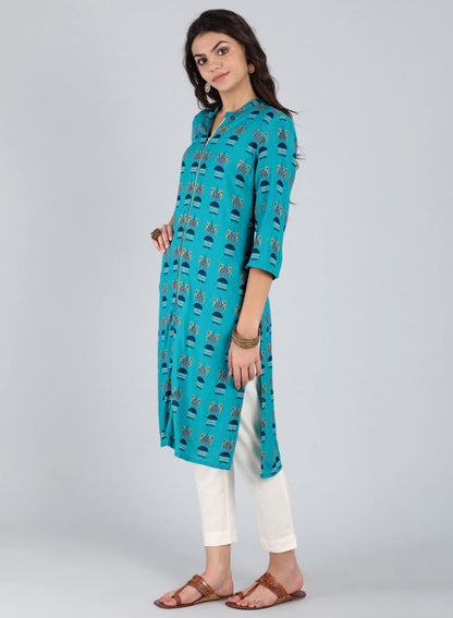 Blue Printed Mandarin Neck kurta