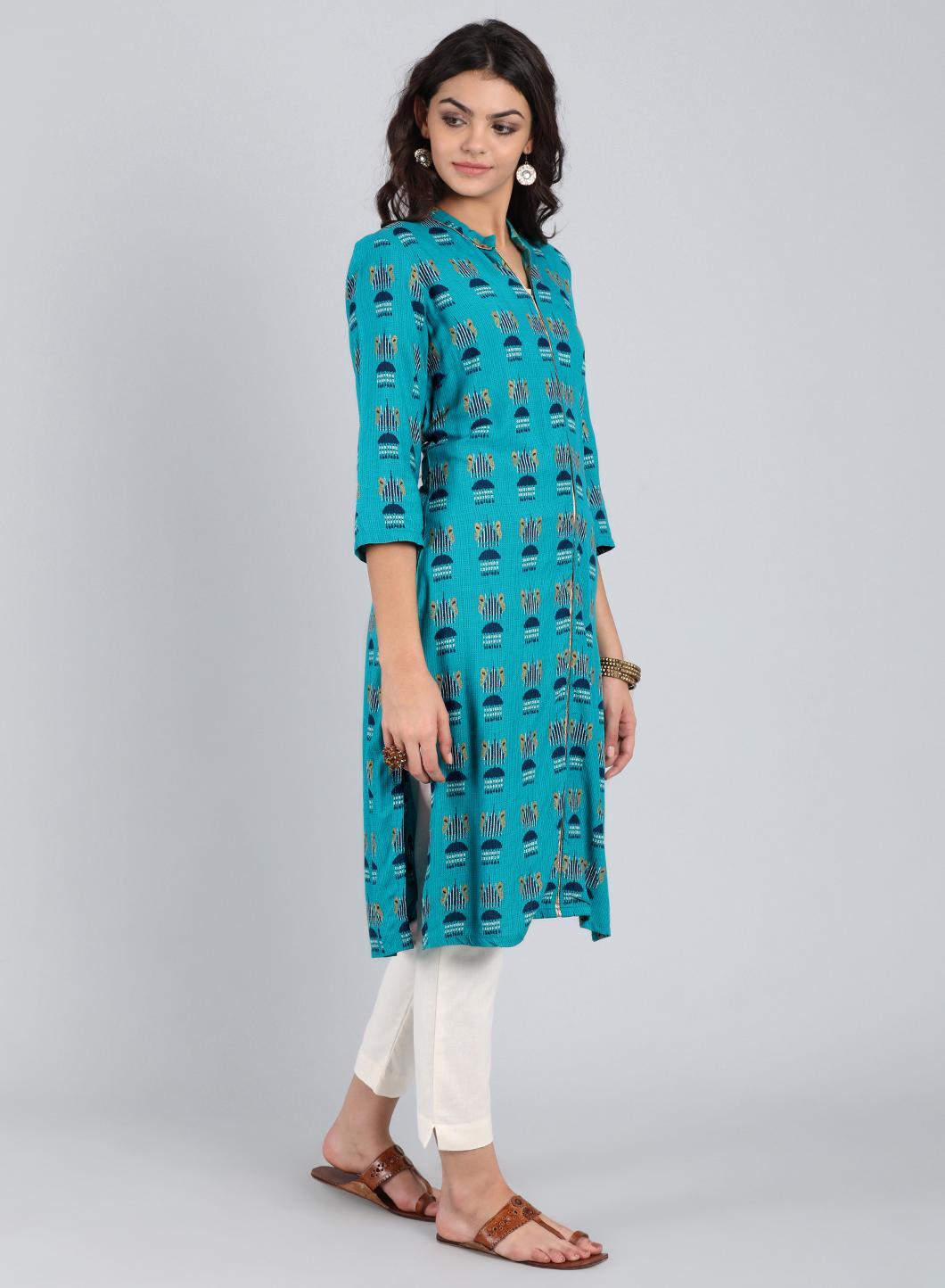 Blue Printed Mandarin Neck kurta