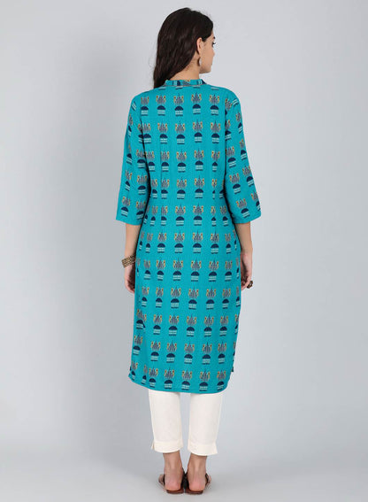 Blue Printed Mandarin Neck kurta