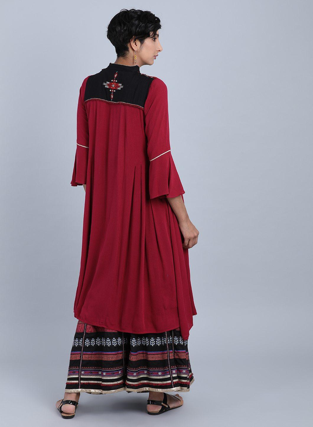 Maroon Mandarin Neck Embroidered kurta - wforwoman