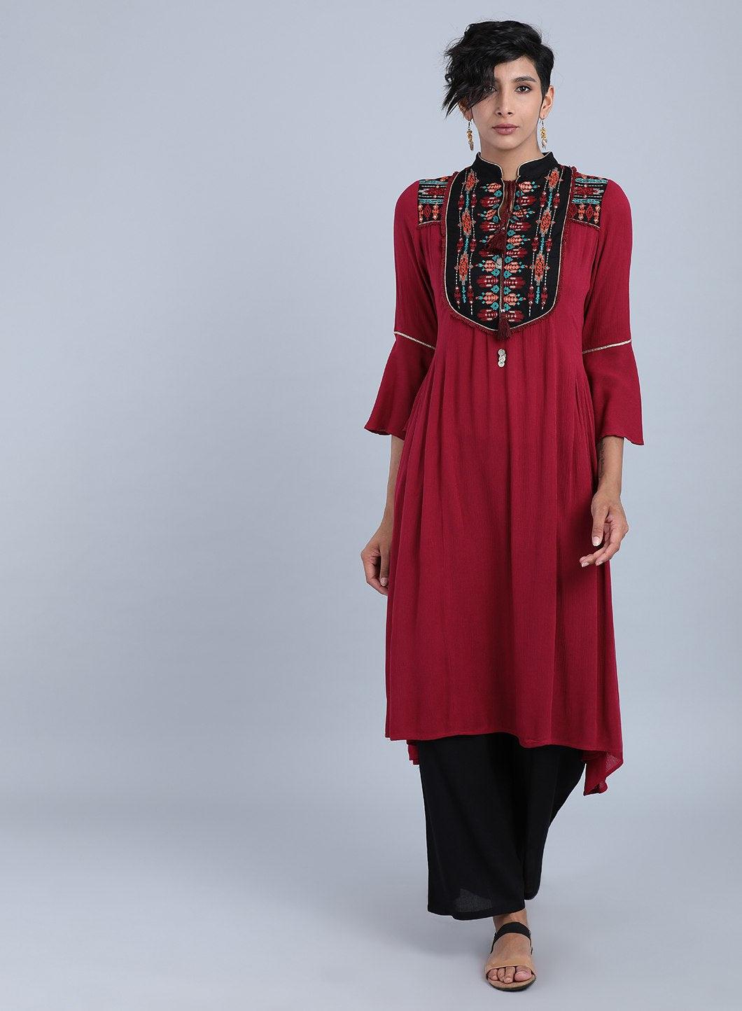 Maroon Mandarin Neck Embroidered kurta - wforwoman