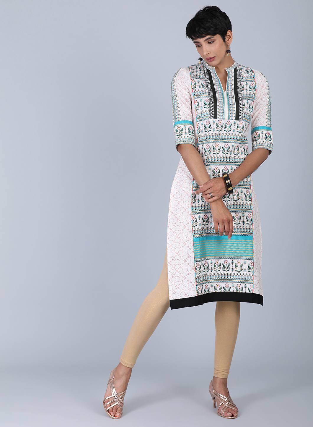 White Mandarin Neck Printed kurta - wforwoman