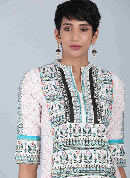 White Mandarin Neck Printed kurta - wforwoman