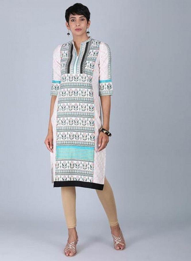 White Mandarin Neck Printed kurta - wforwoman