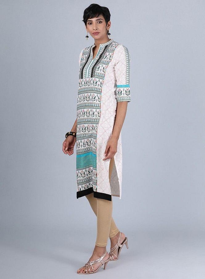 White Mandarin Neck Printed kurta - wforwoman