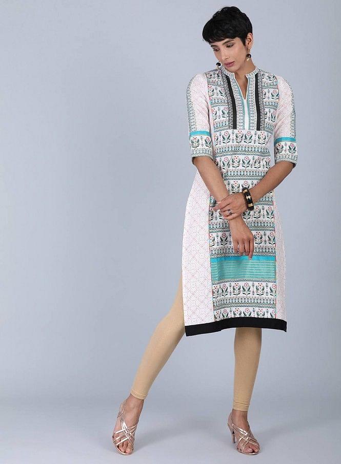 White Mandarin Neck Printed kurta - wforwoman