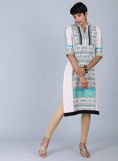 White Mandarin Neck Printed kurta - wforwoman