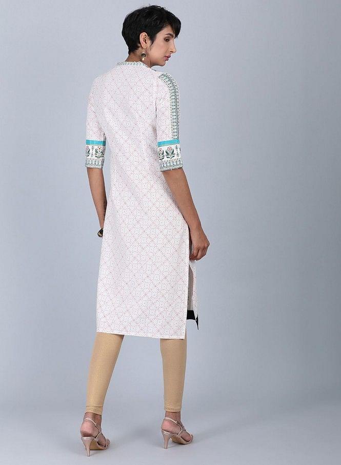 White Mandarin Neck Printed kurta - wforwoman