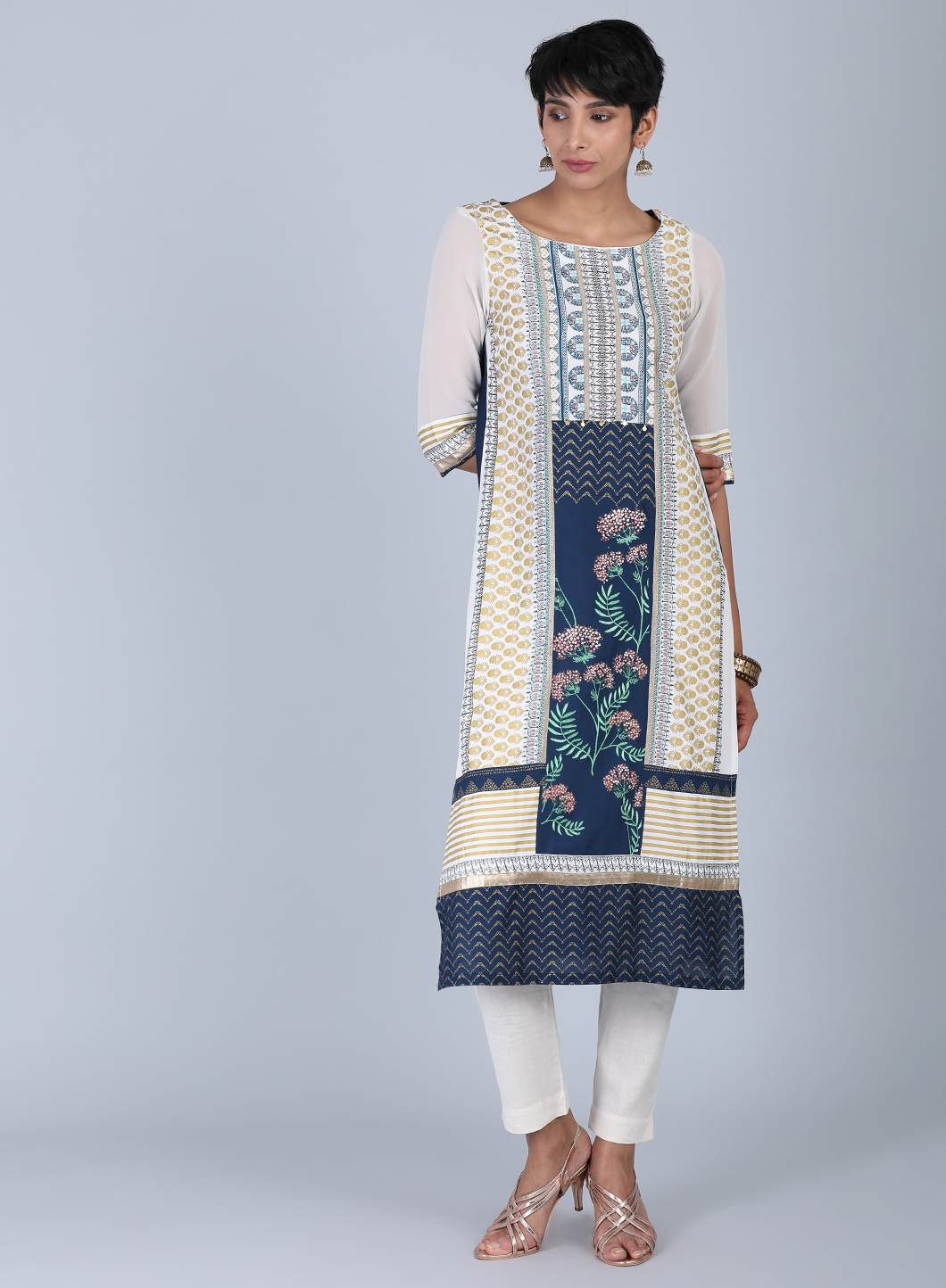 White Round Neck Printed kurta