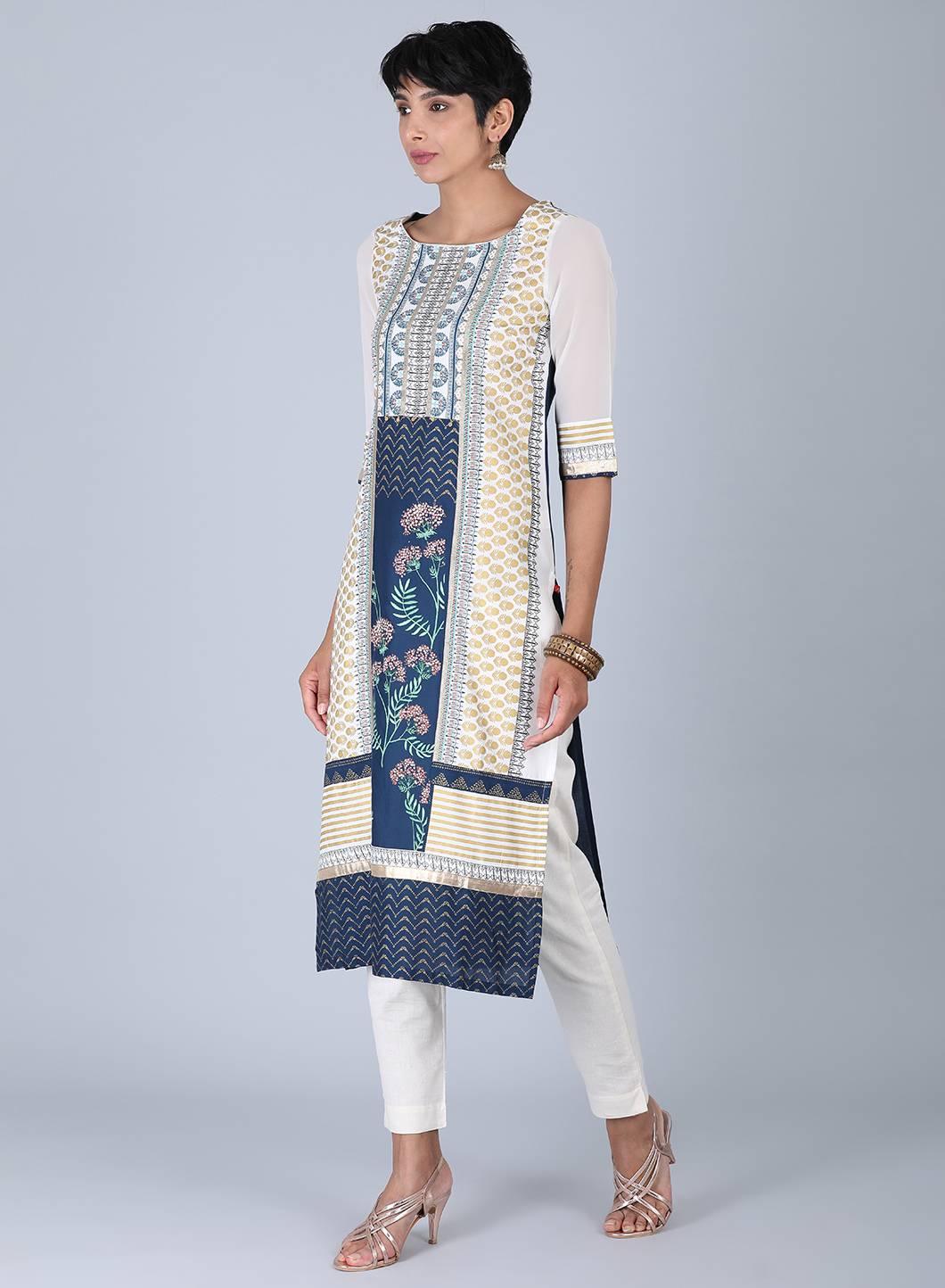 White Round Neck Printed kurta