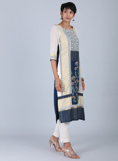 White Round Neck Printed kurta