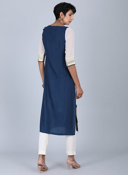 White Round Neck Printed kurta