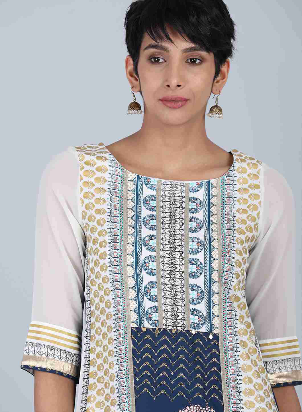 White Round Neck Printed kurta