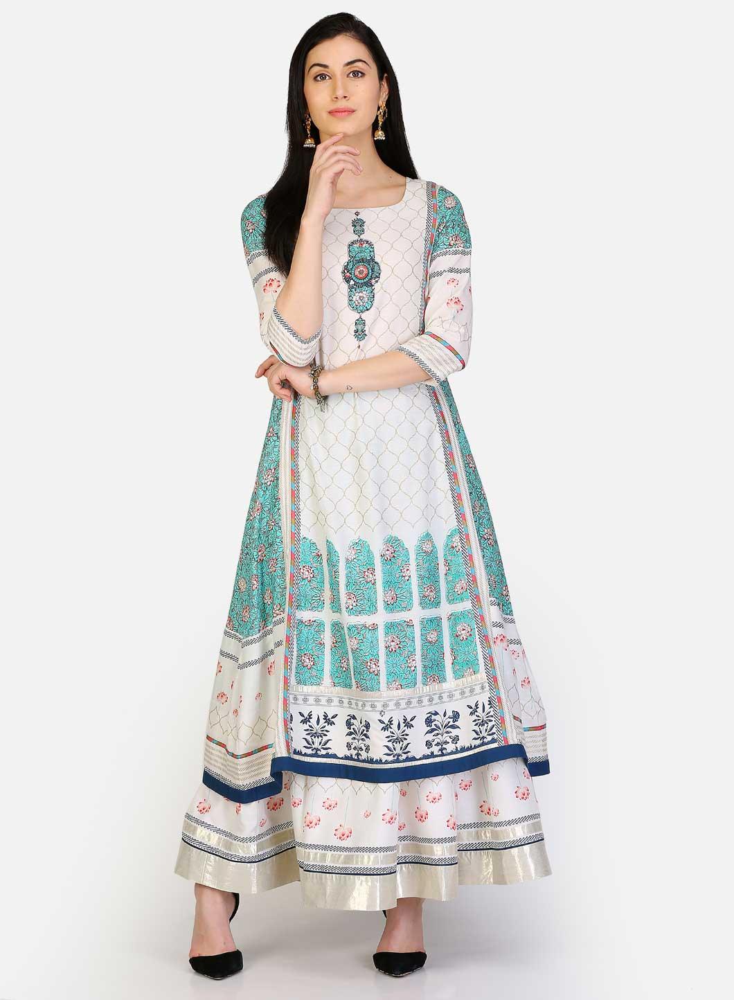 White &amp; Green Round Neck Printed kurta - wforwoman