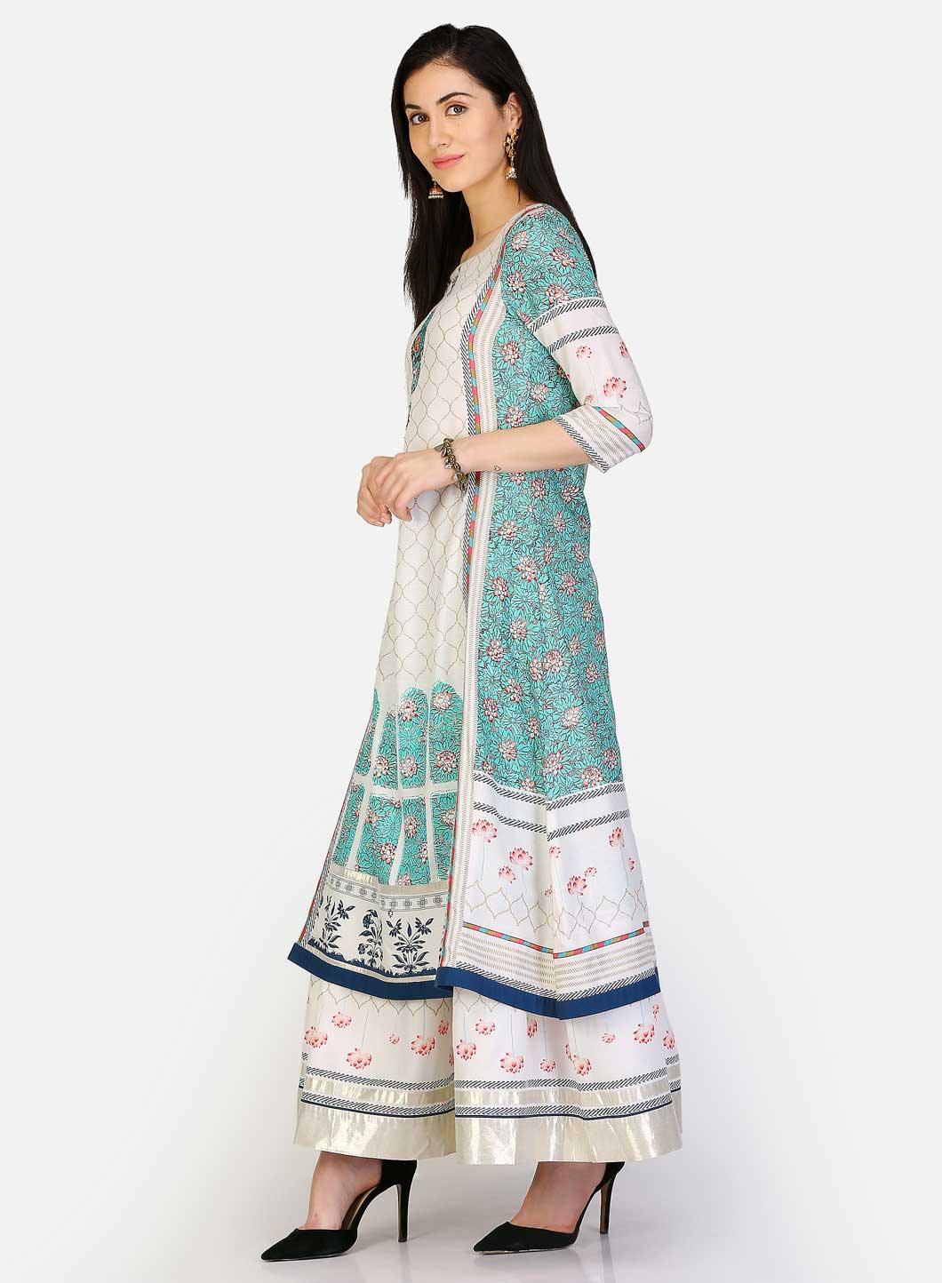 White &amp; Green Round Neck Printed kurta - wforwoman