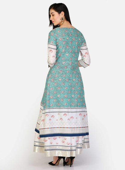 White &amp; Green Round Neck Printed kurta - wforwoman