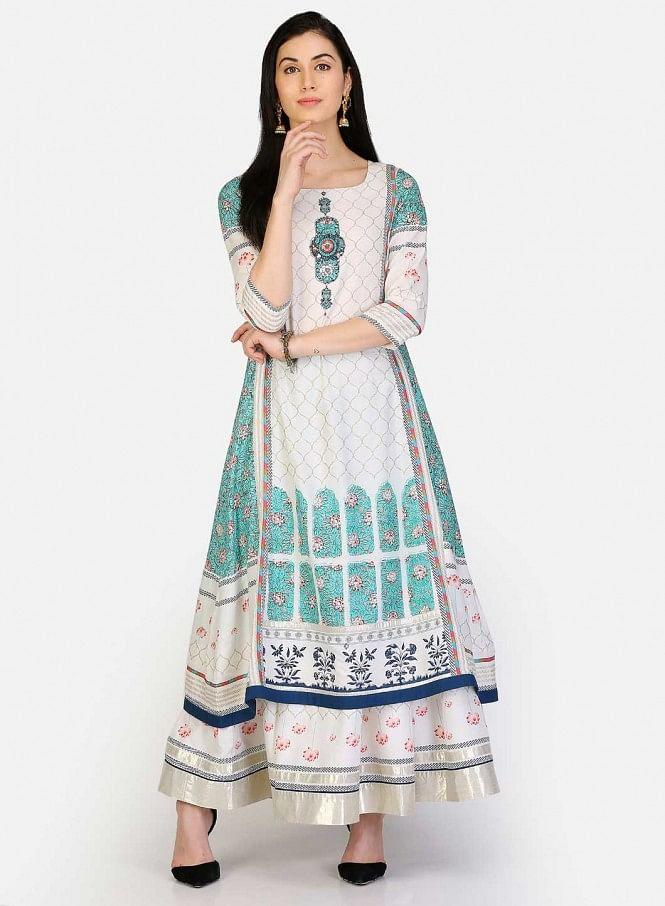 White &amp; Green Round Neck Printed kurta - wforwoman