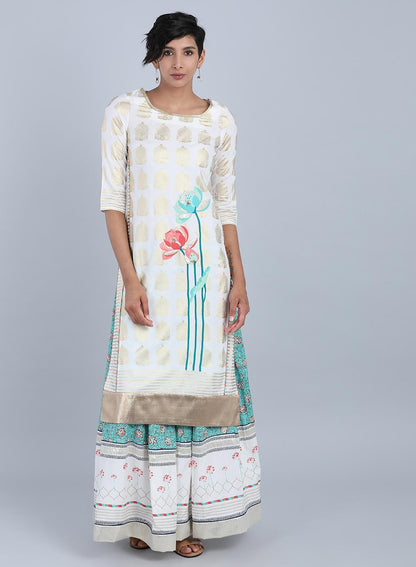 White Round Neck Floral Print kurta - wforwoman