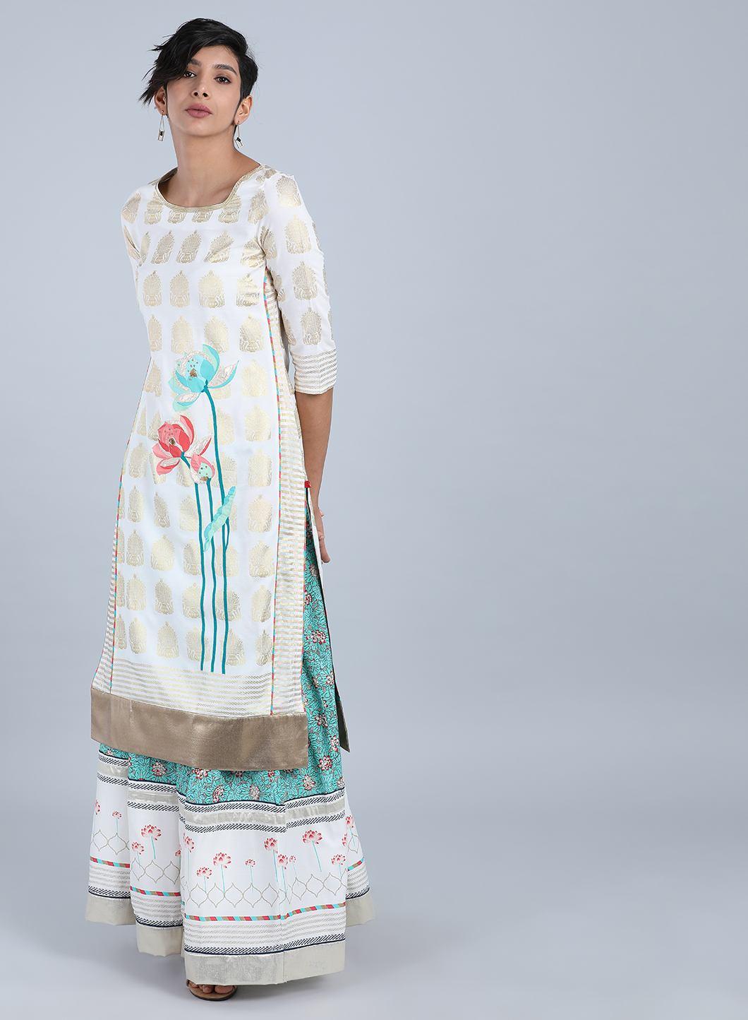 White Round Neck Floral Print kurta - wforwoman