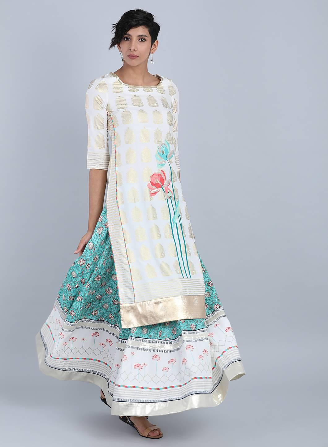 White Round Neck Floral Print kurta - wforwoman