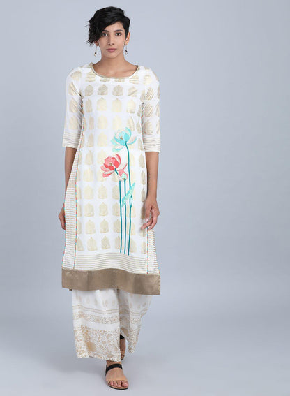 White Round Neck Floral Print kurta - wforwoman