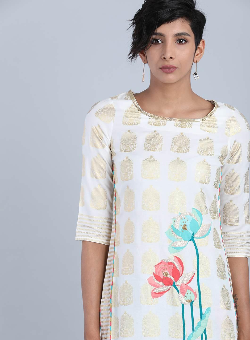 White Round Neck Floral Print kurta - wforwoman