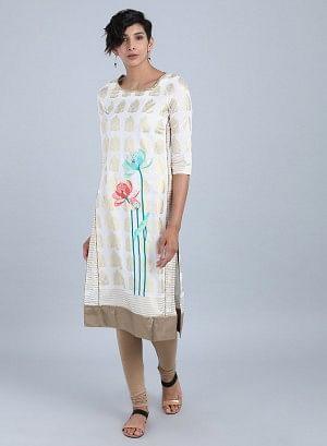 White Round Neck Floral Print kurta - wforwoman