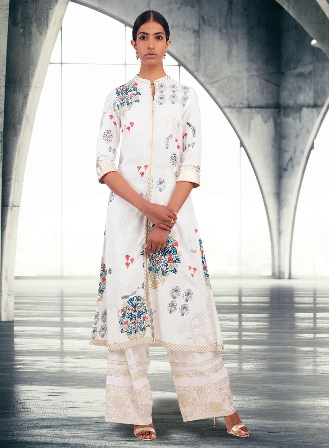 White Floral Printed Mandarin Neck kurta - wforwoman