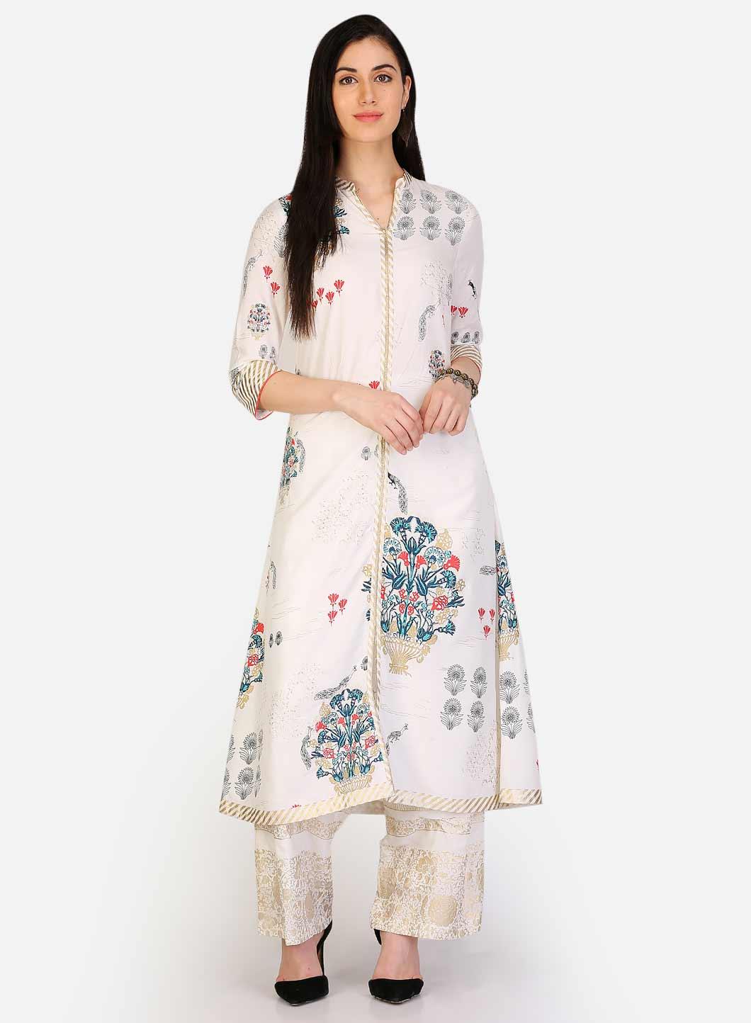 White Floral Printed Mandarin Neck kurta - wforwoman