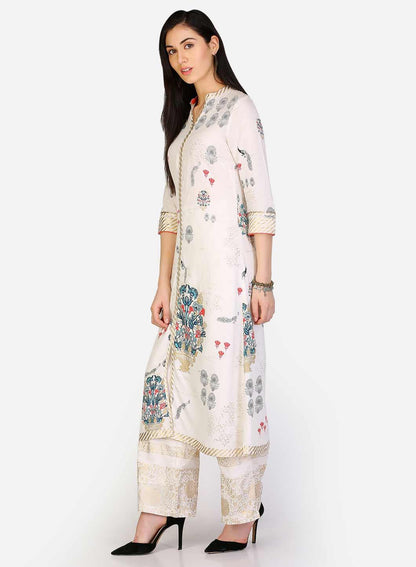 White Floral Printed Mandarin Neck kurta - wforwoman