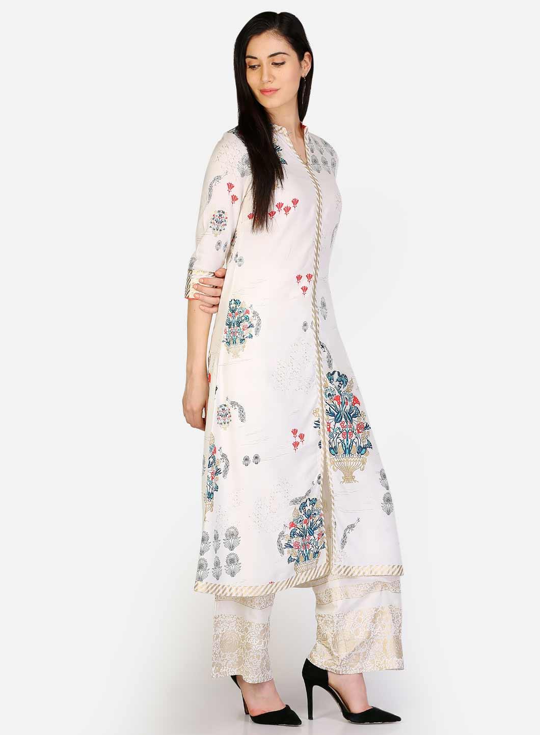 White Floral Printed Mandarin Neck kurta - wforwoman