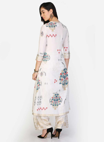 White Floral Printed Mandarin Neck kurta - wforwoman