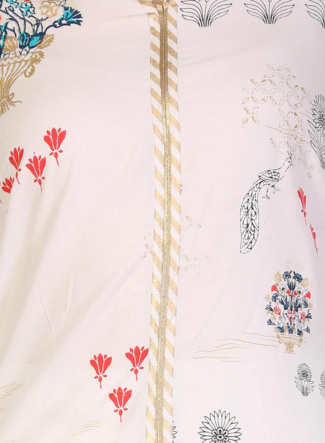 White Floral Printed Mandarin Neck kurta - wforwoman