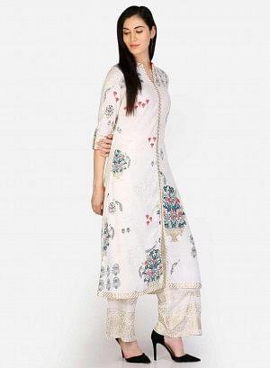 White Floral Printed Mandarin Neck kurta - wforwoman