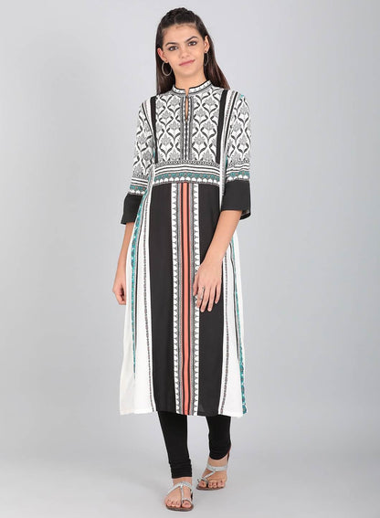 Black Mandarin Neck Printed kurta - wforwoman