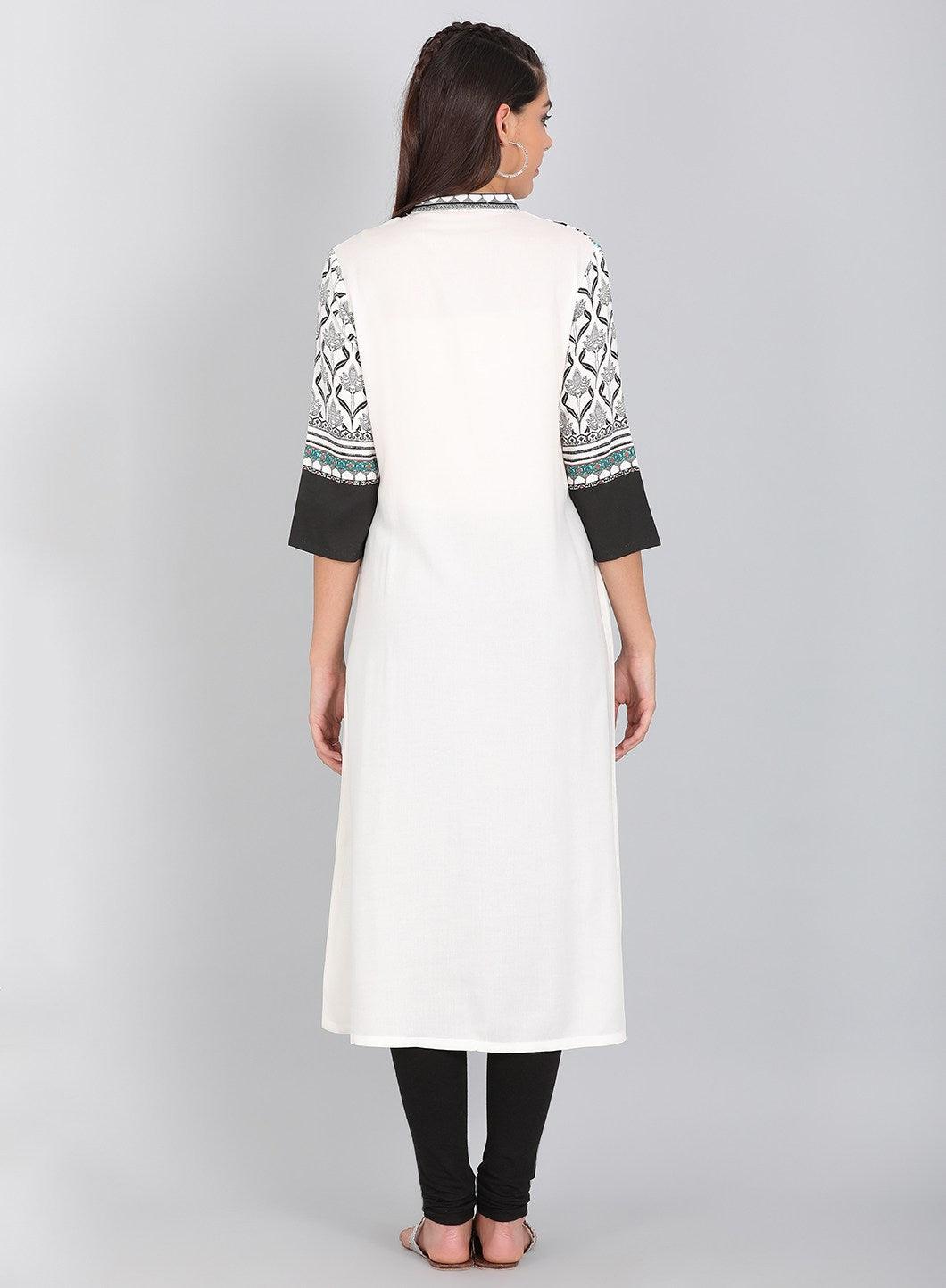 Black Mandarin Neck Printed kurta - wforwoman